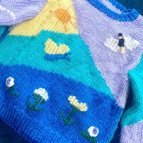 Vintage Girls Bright Multi Color Spring Hand-Knitted Children Pattern Sweater